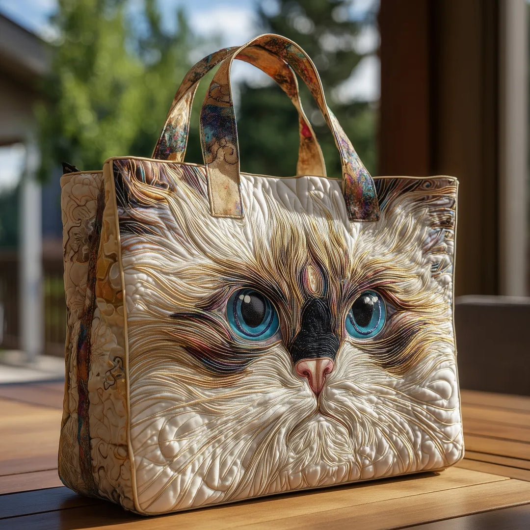 Quiltet Tote Bag - Hvid Kat med Blå Øjne
