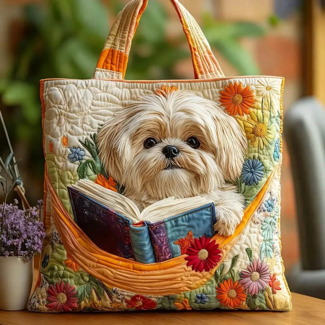 Quilted Tote Bag - Shih Tzu med Bøger og Blomster