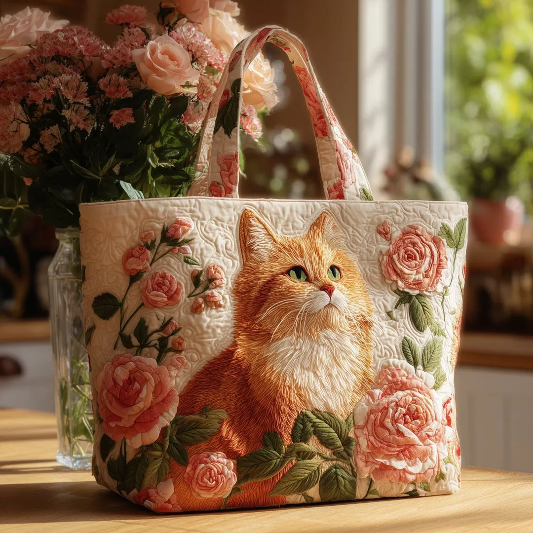 Quilted Tote Bag - Ingefær Kat med Rosen
