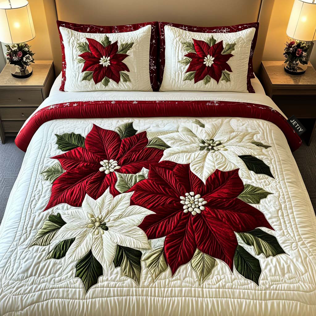 Vinter Poinsettia Magi 3-delt Quiltet Sengetøjssæt NCU0NT1917