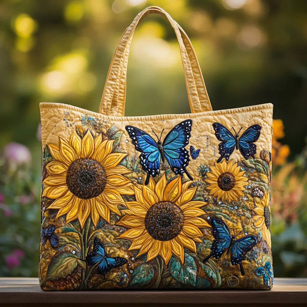 Quilted Tote Bag - Solsikker og Blå Sommerfugle