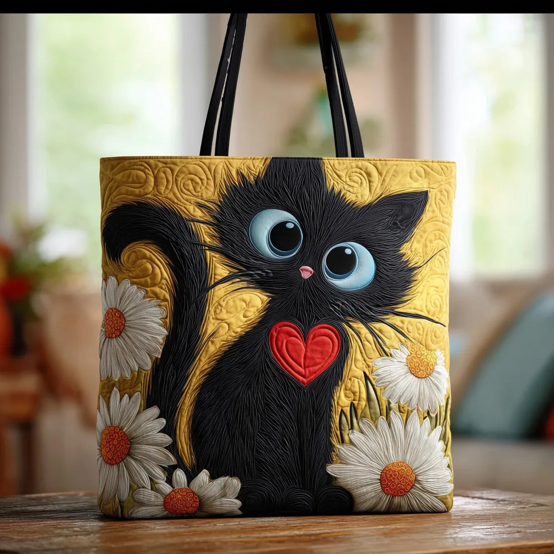 Quiltet Tote Bag - Sort Kat med Margueritter