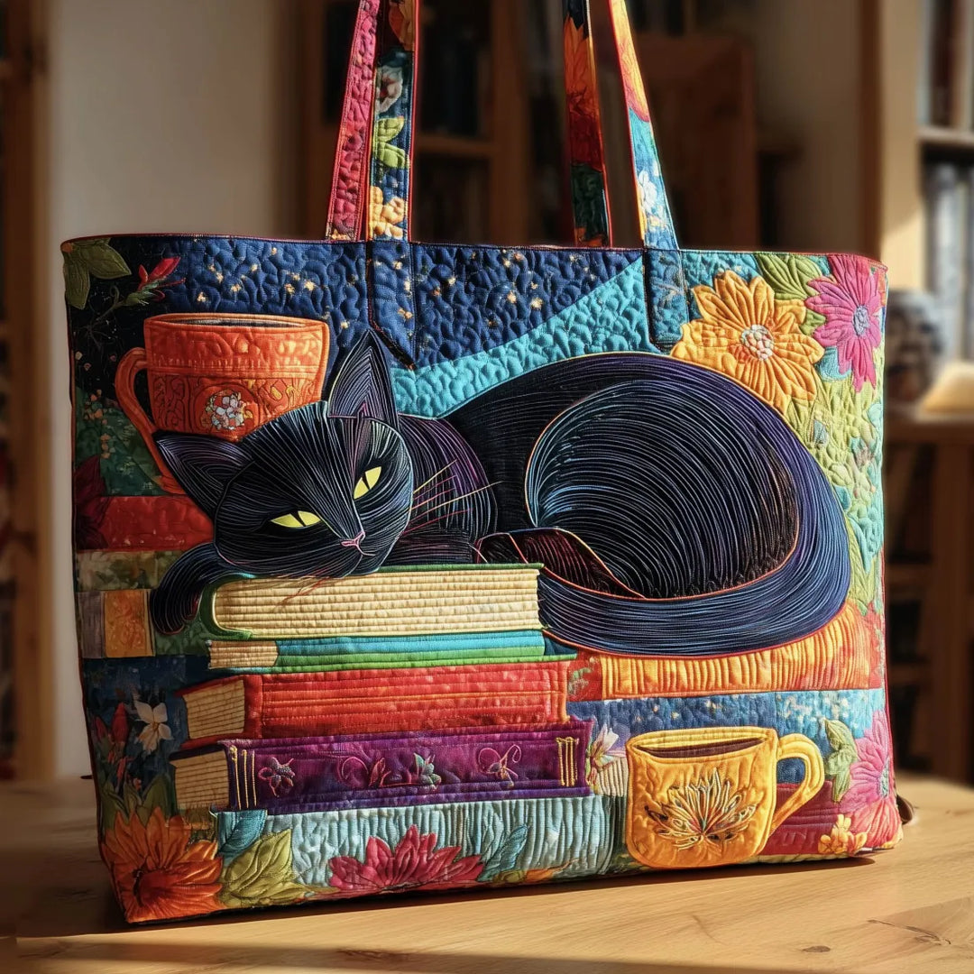 Quiltet Tote Bag - Sort Kat med Bøger og Krus