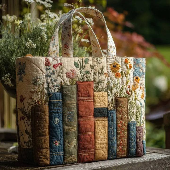 Quilted Tote Bag - Bøger og Blomster