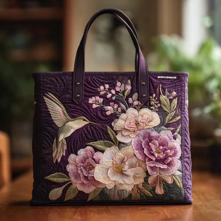 Quiltet Tote Bag - Kolibrier og Orkideer
