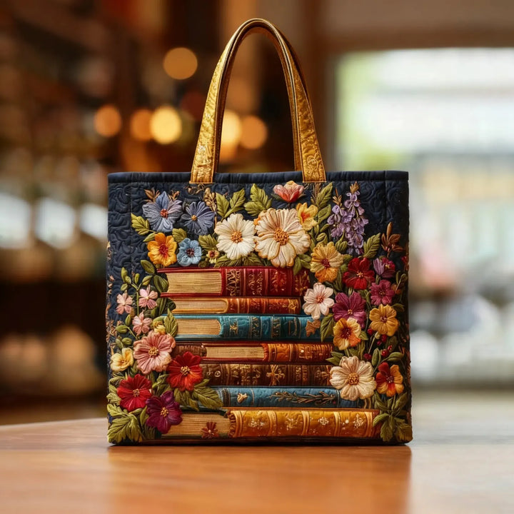Quiltet Tote Bag - Blomster- og Bogtryk