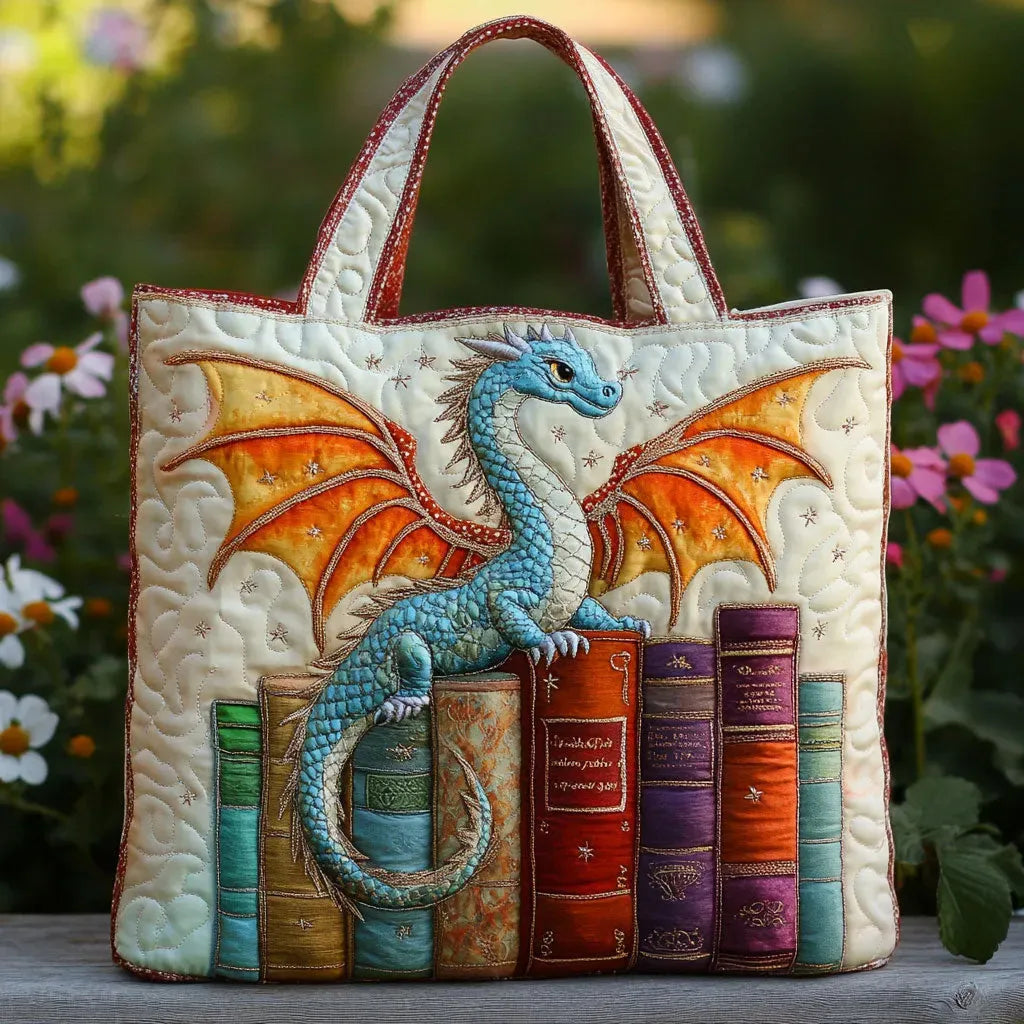Quiltet Tote Bag - Emerald Dragon Book Guardian