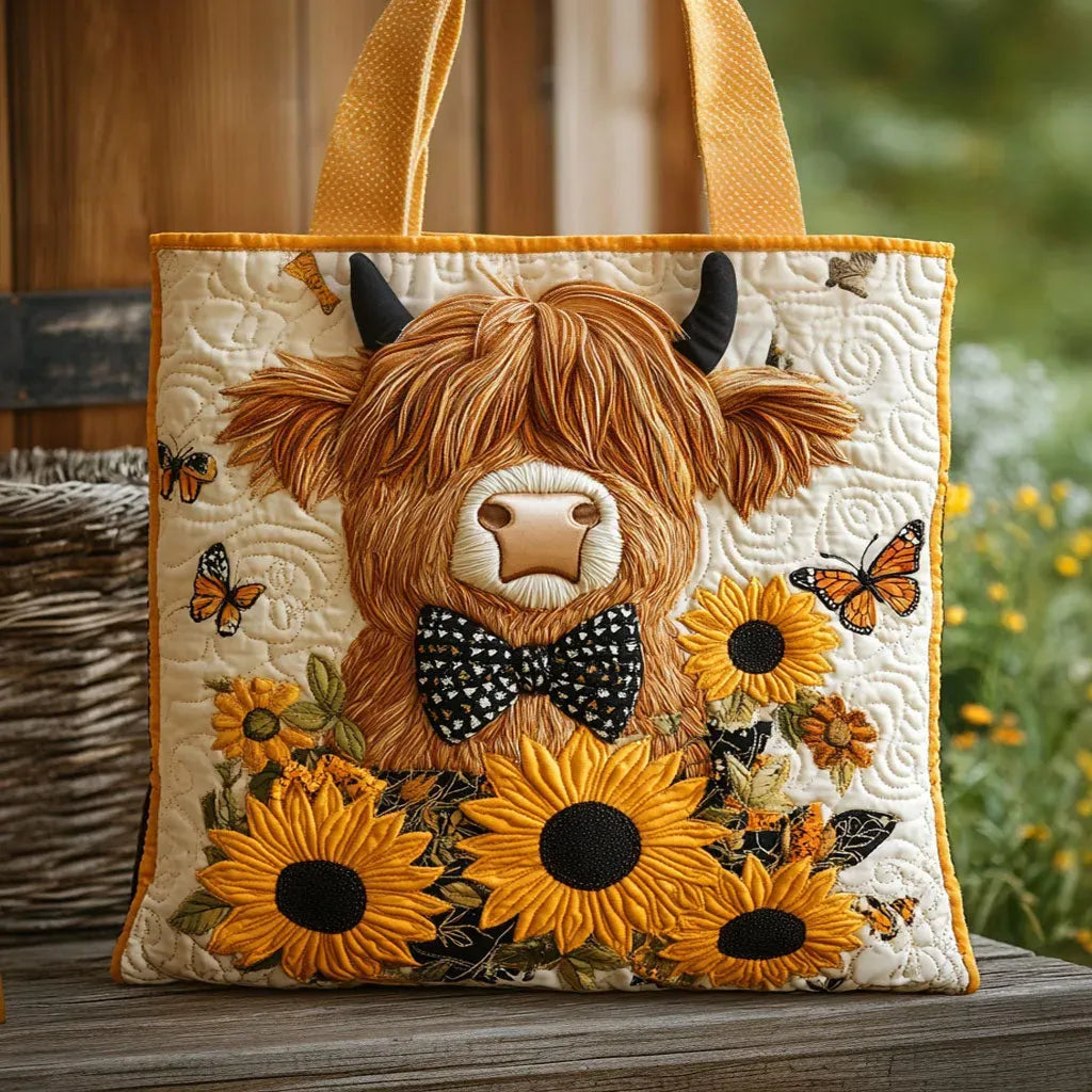 Quiltet Tote Bag - Highland Cow med Solsikker