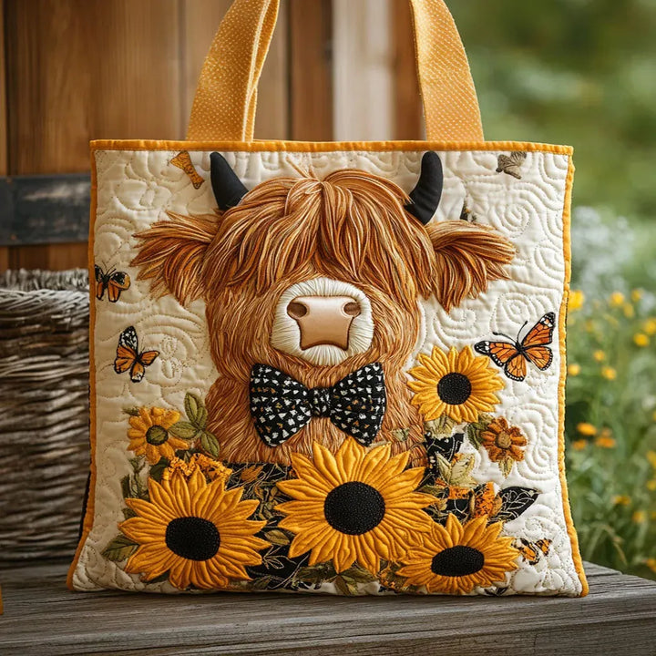 Quiltet Tote Bag - Highland Cow med Solsikker
