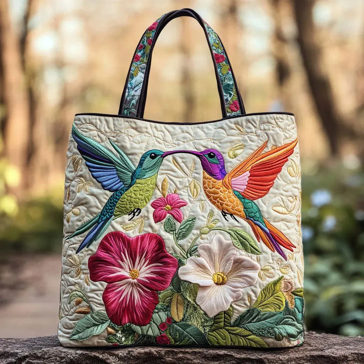 Quilted Tote Bag - Kolibri og Hvide Blomster