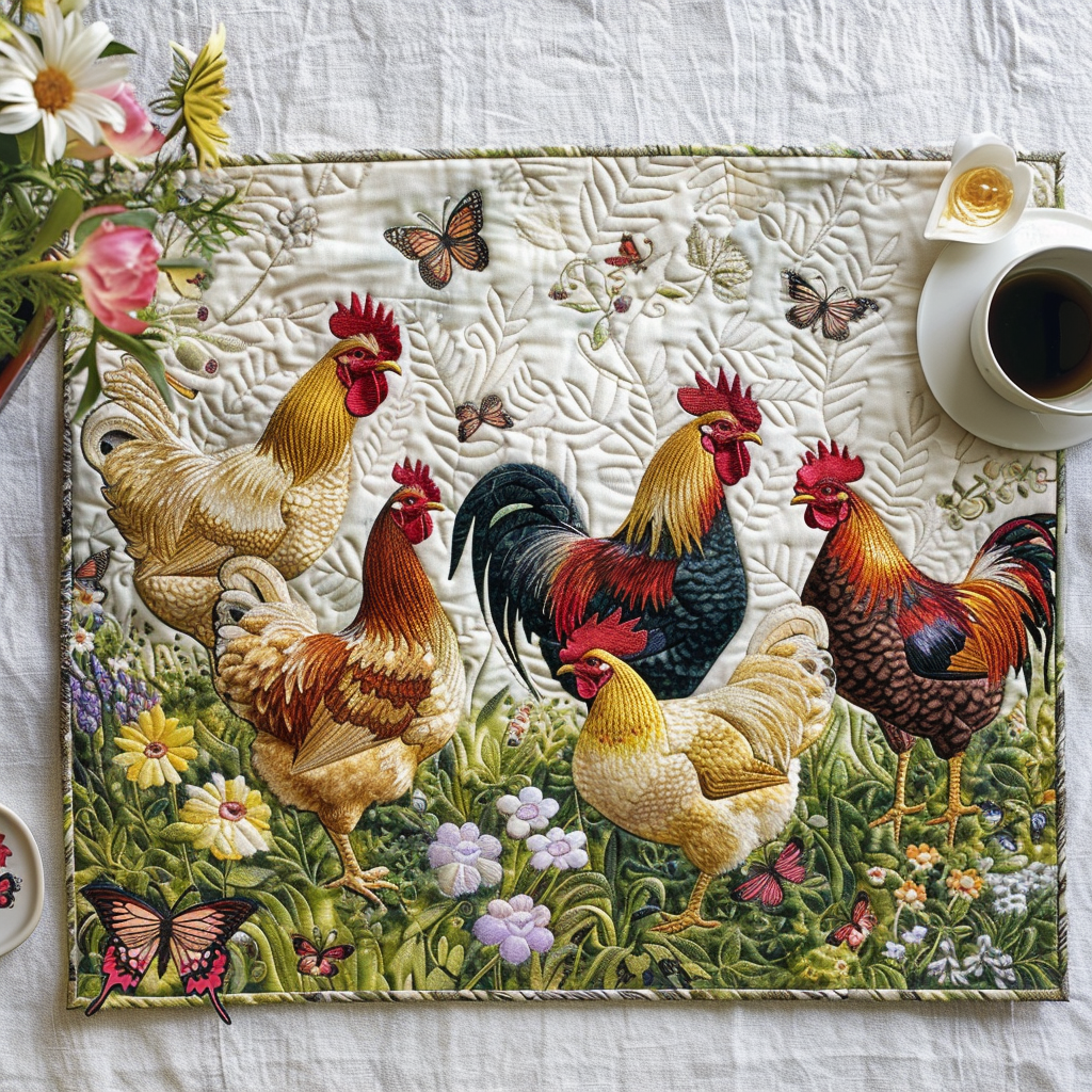 Charmerende Kyllinger og Blomster Quilted Bordskåner NCU0TL071