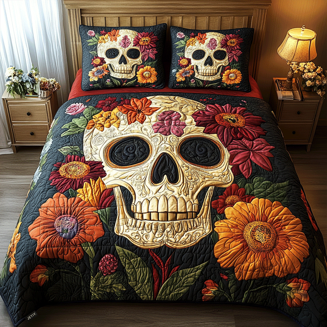 Floral Skull Charm 3-Delt Quiltet Sengetøj Sæt NCU0TL1912