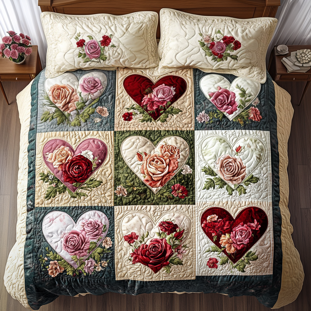 Blomsterhjerte Trail 3-delers quilted sengetøj sæt NCU0DV2737