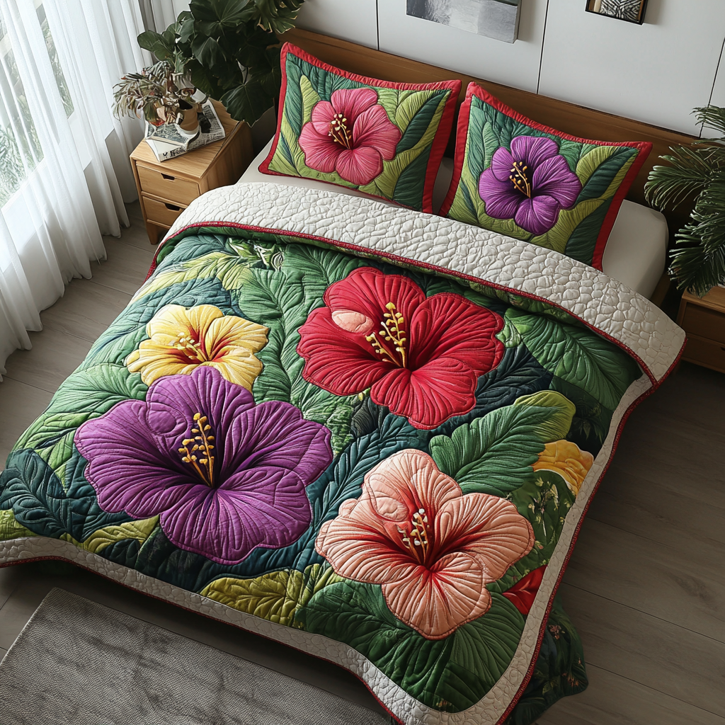 Hibiscus 3-delt quiltet sengetøjssæt NCU0VT135