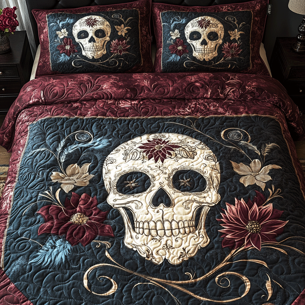 Midnight Skull Bloom 3-delt quiltet sengetøjssæt NCU0TL2053
