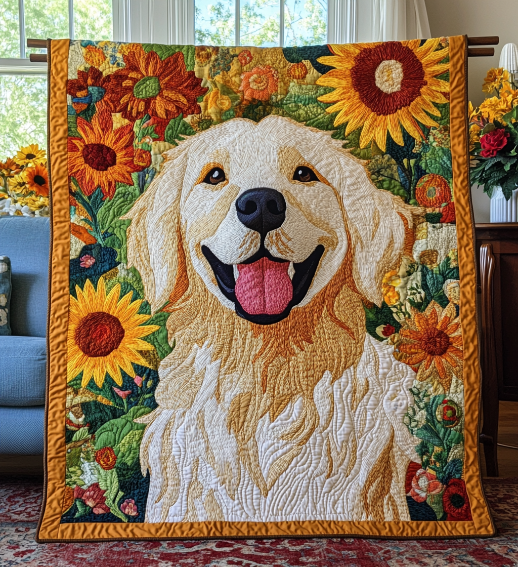 Solblomst Golden Retriever Quiltet Tæppe NCU0DV492