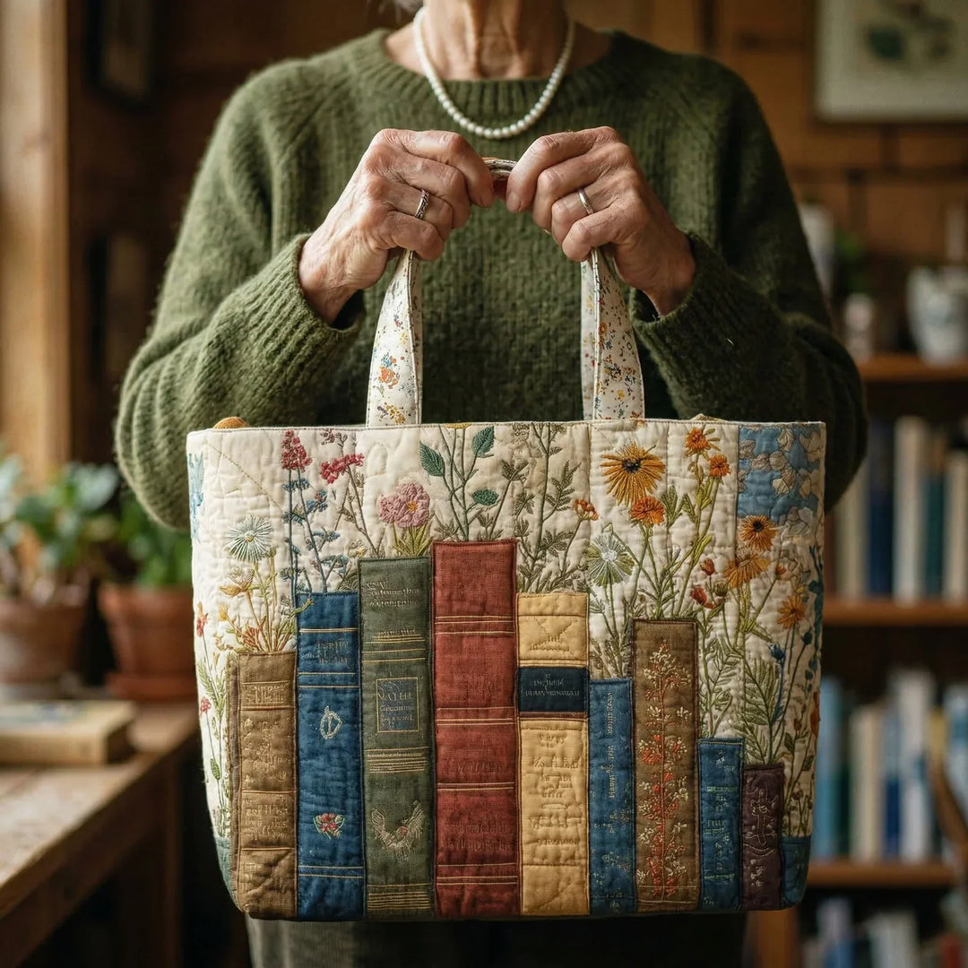 Quilted Tote Bag - Bøger og Blomster