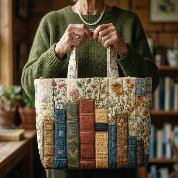 Quilted Tote Bag - Bøger og Blomster