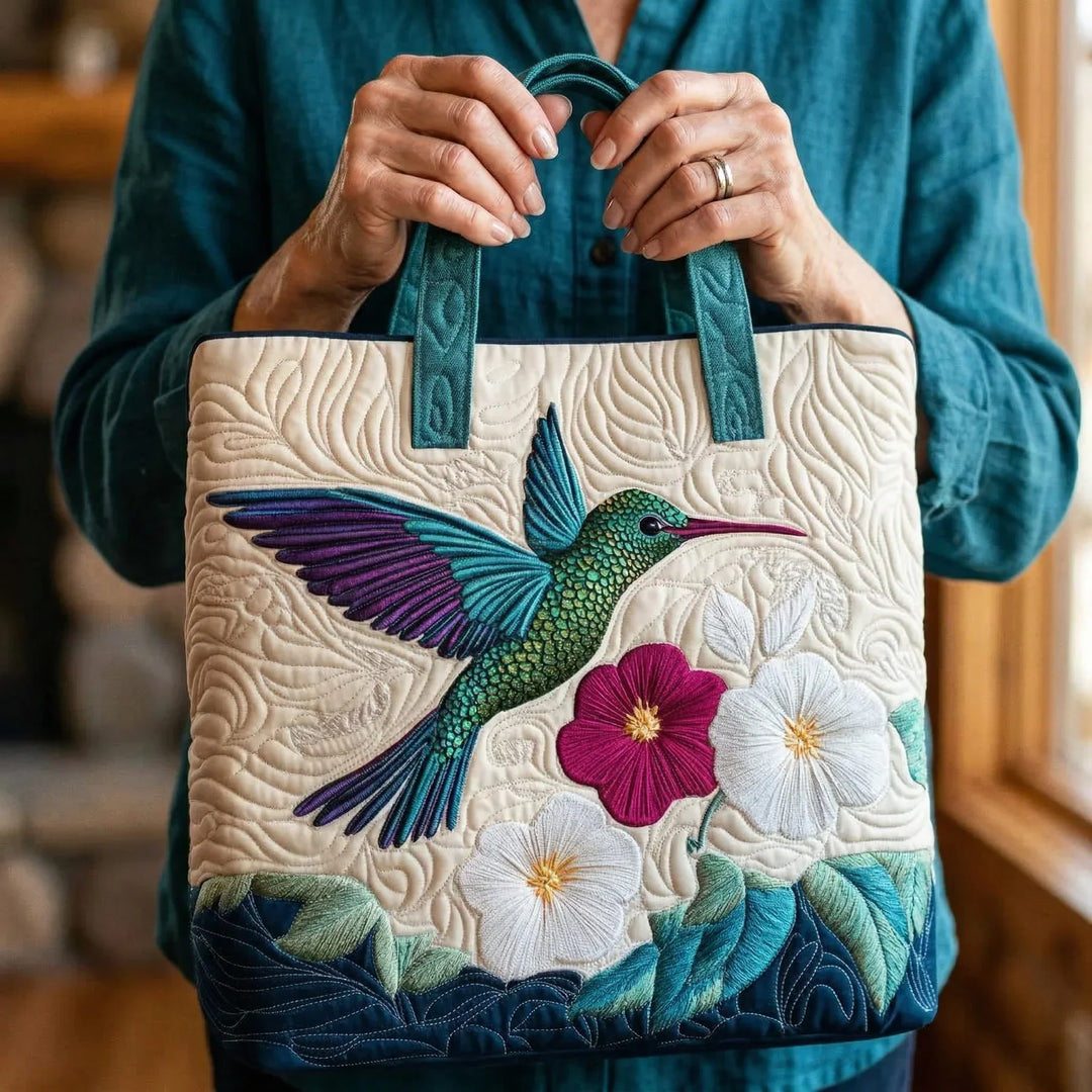 Quiltet Tote Bag - Kolibri og Hvid Blomst