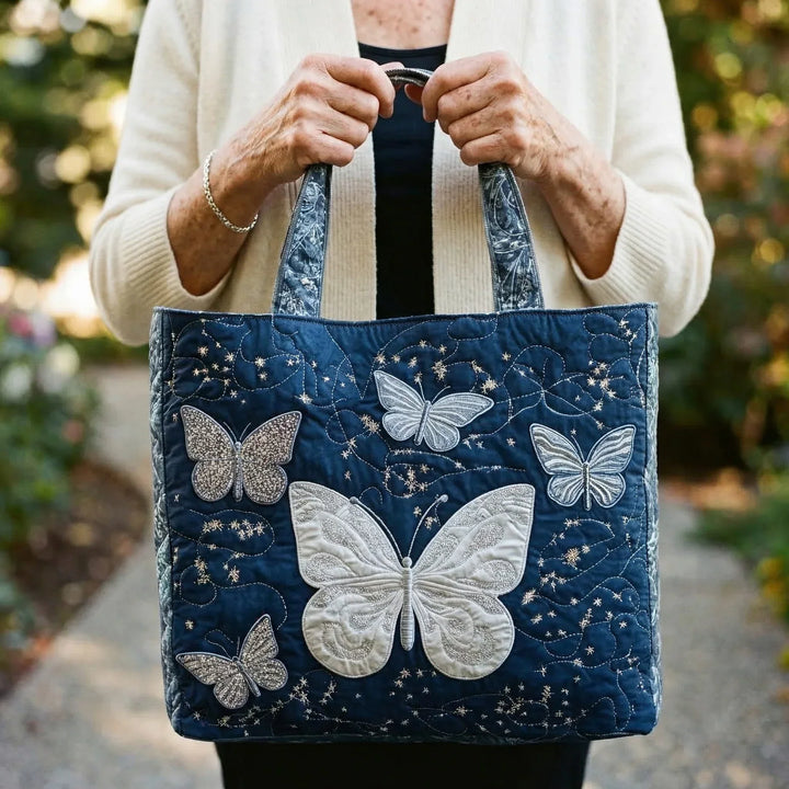 Quiltet Tote Bag - Sølv Sommerfugl