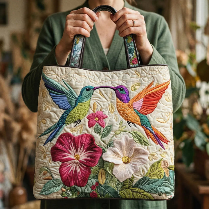Quilted Tote Bag - Kolibri og Hvide Blomster