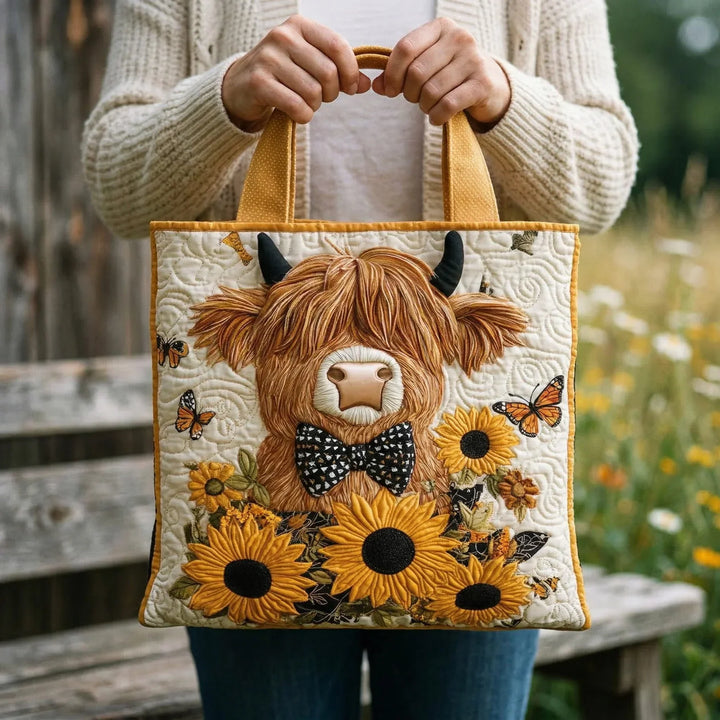 Quiltet Tote Bag - Highland Cow med Solsikker