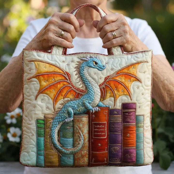 Quiltet Tote Bag - Emerald Dragon Book Guardian